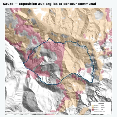 Carte argiles RGA de Sauze avec contour communal