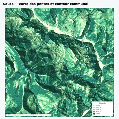 Carte des pentes de Sauze avec contour communal