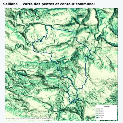 Carte des pentes de Seillans avec contour communal