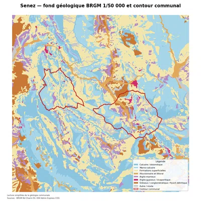 Carte géologique BRGM de Senez avec contour communal