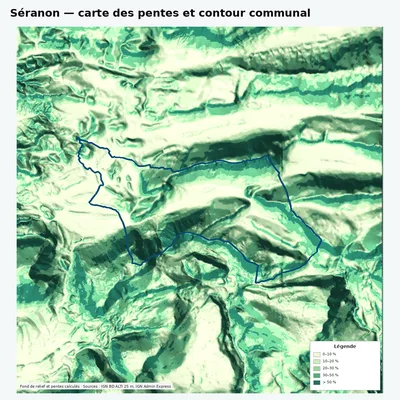Carte des pentes de Séranon avec contour communal