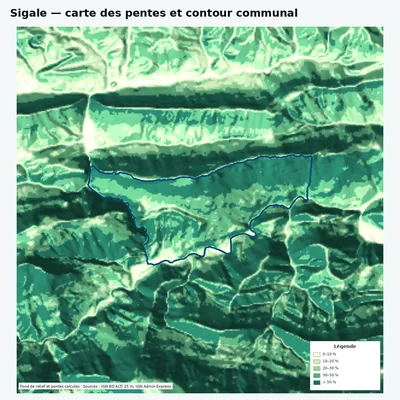 Carte des pentes de Sigale avec contour communal
