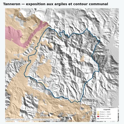 Carte argiles RGA de Tanneron avec contour communal