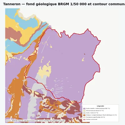 Carte géologique BRGM de Tanneron avec contour communal