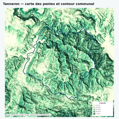 Carte des pentes de Tanneron avec contour communal