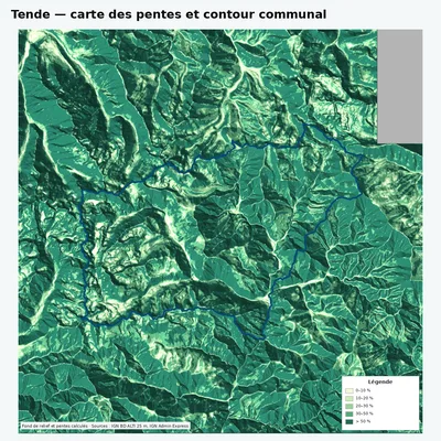 Carte des pentes de Tende avec contour communal
