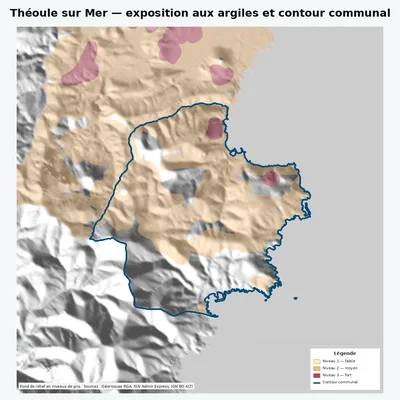 Carte argiles RGA de Théoule sur Mer avec contour communal