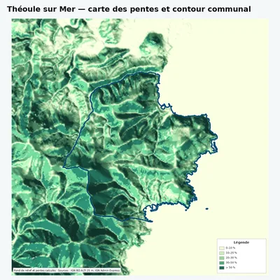 Carte des pentes de Théoule sur Mer avec contour communal