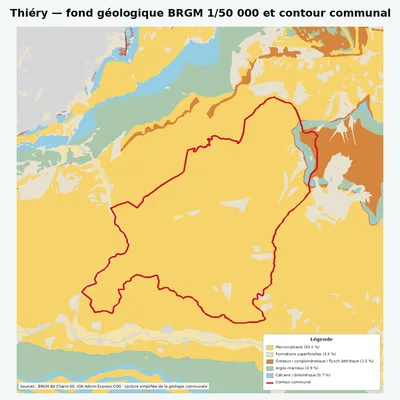 Carte géologique BRGM de Thiéry avec contour communal