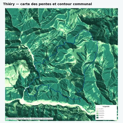 Carte des pentes de Thiéry avec contour communal