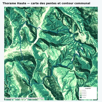 Carte des pentes de Thorame Haute avec contour communal