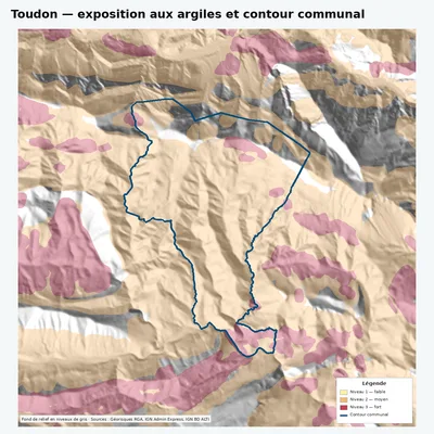 Carte argiles RGA de Toudon avec contour communal