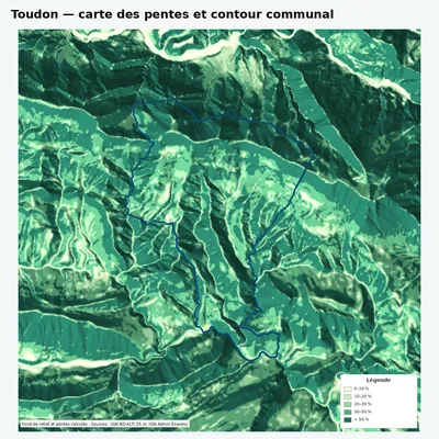 Carte des pentes de Toudon avec contour communal