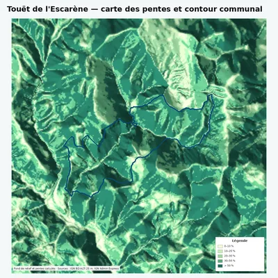 Carte des pentes de Touët de l\ avec contour communal