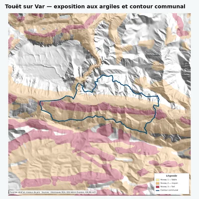 Carte argiles RGA de Touët sur Var avec contour communal