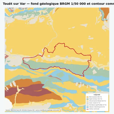 Carte géologique BRGM de Touët sur Var avec contour communal