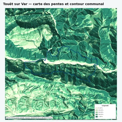 Carte des pentes de Touët sur Var avec contour communal