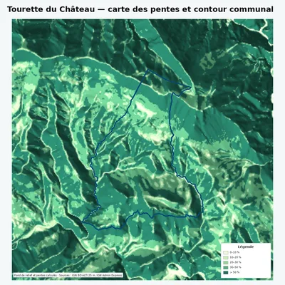 Carte des pentes de Tourette du Château avec contour communal