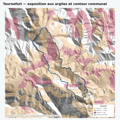 Carte argiles RGA de Tournefort avec contour communal