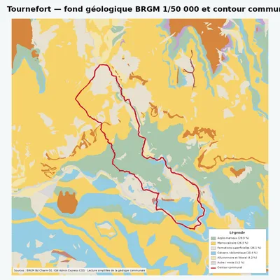 Carte géologique BRGM de Tournefort avec contour communal