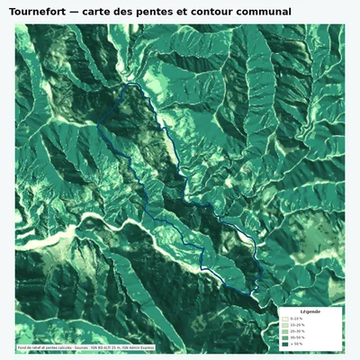 Carte des pentes de Tournefort avec contour communal