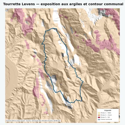 Carte argiles RGA de Tourrette Levens avec contour communal