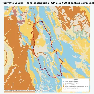 Carte géologique BRGM de Tourrette Levens avec contour communal