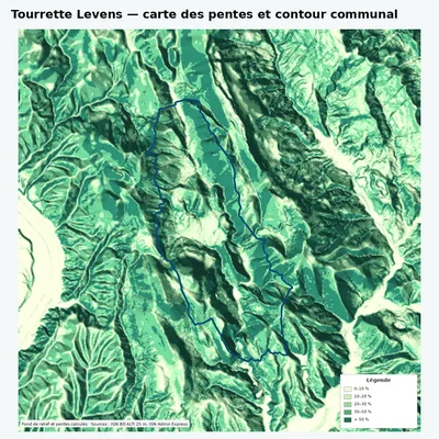Carte des pentes de Tourrette Levens avec contour communal