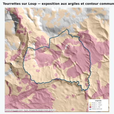 Carte argiles RGA de Tourrettes sur Loup avec contour communal