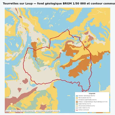 Carte géologique BRGM de Tourrettes sur Loup avec contour communal
