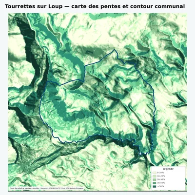 Carte des pentes de Tourrettes sur Loup avec contour communal