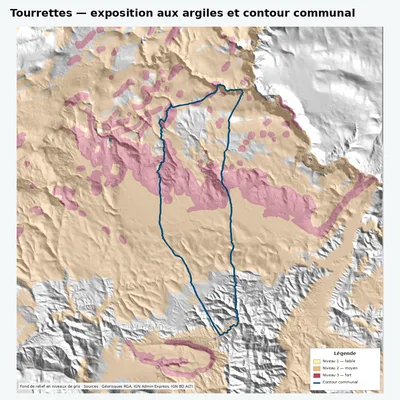 Carte argiles RGA de Tourrettes avec contour communal
