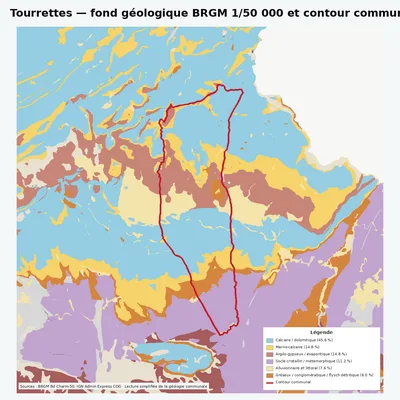 Carte géologique BRGM de Tourrettes avec contour communal