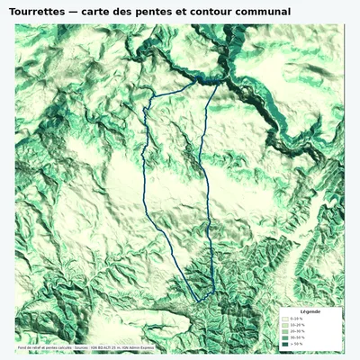 Carte des pentes de Tourrettes avec contour communal