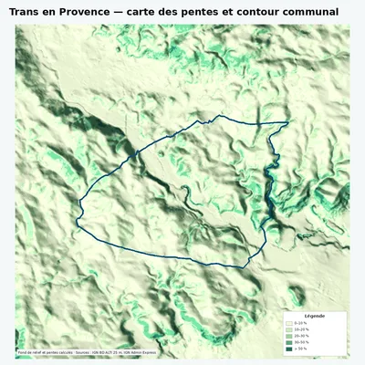 Carte des pentes de Trans en Provence avec contour communal