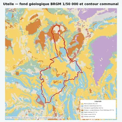 Carte géologique BRGM de Utelle avec contour communal
