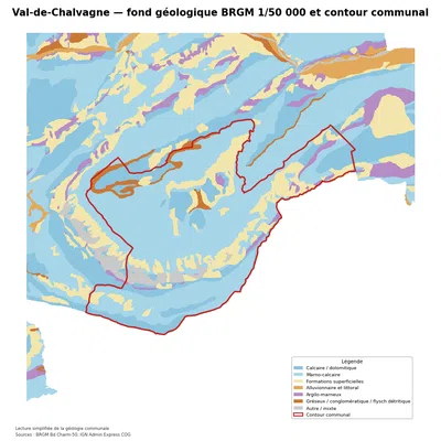 Carte géologique BRGM de Val-de-Chalvagne avec contour communal