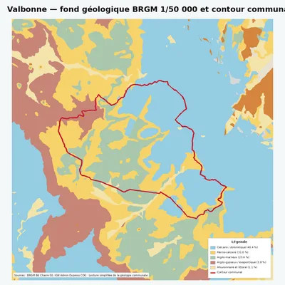 Carte géologique BRGM de Valbonne avec contour communal