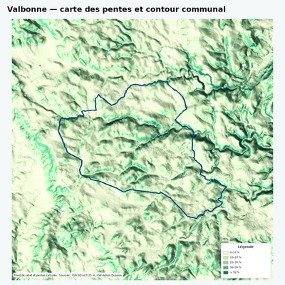 Carte des pentes sur la commune de Valbonne
