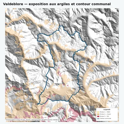 Carte argiles RGA de Valdeblore avec contour communal