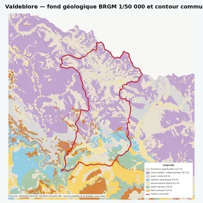 Carte géologique BRGM de Valdeblore avec contour communal