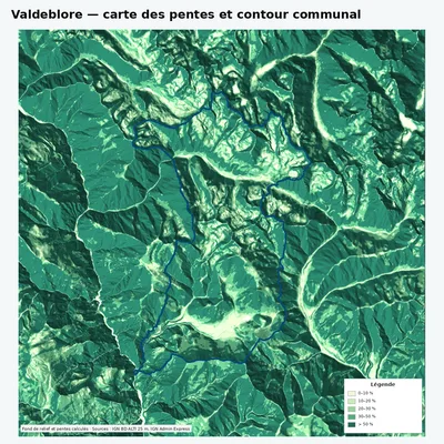 Carte des pentes de Valdeblore avec contour communal
