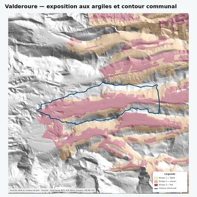 Carte argiles RGA de Valderoure avec contour communal