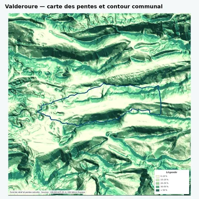 Carte des pentes de Valderoure avec contour communal
