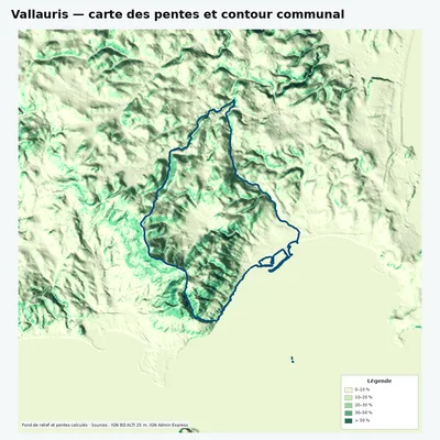 Carte des pentes de Vallauris avec contour communal
