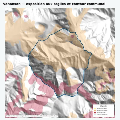 Carte argiles RGA de Venanson avec contour communal