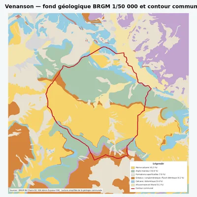 Carte géologique BRGM de Venanson avec contour communal