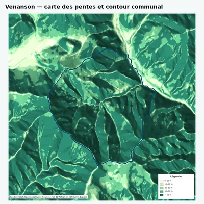 Carte des pentes de Venanson avec contour communal