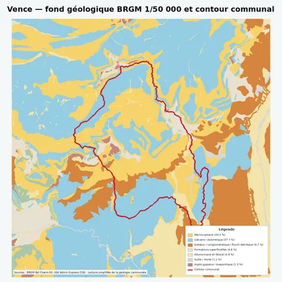 Carte géologique BRGM de Vence avec contour communal