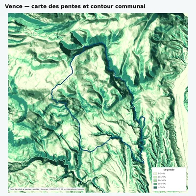 Carte des pentes sur la commune de Vence